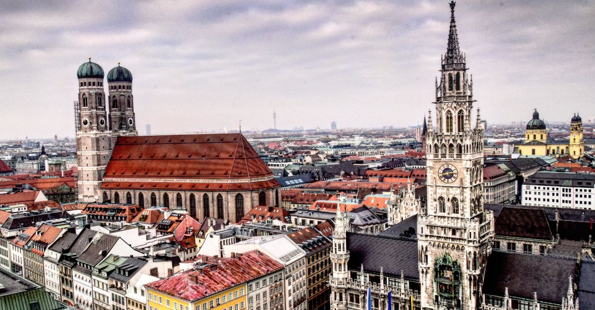 Scenic aerial view of iconic buildings in Munich, Germany, showcasing historical landmarks and architecture.